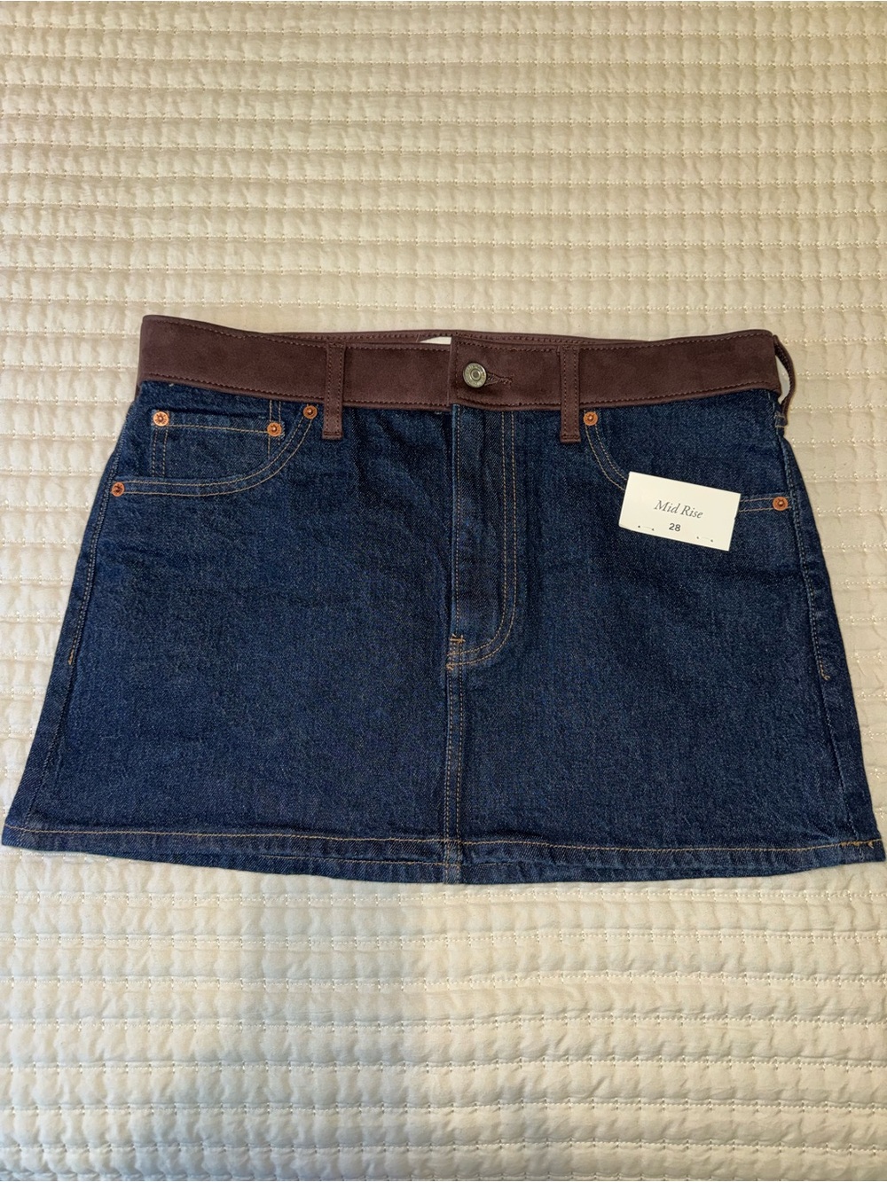 Abercrombie & Fitch Dark Blue Denim Mini Skirt with Brown Waistband